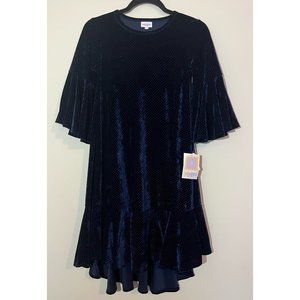 NWT LuLaRoe Maurine Dress Size XXS, Navy Blue Velvet Midi High Low, Bell Sleeves